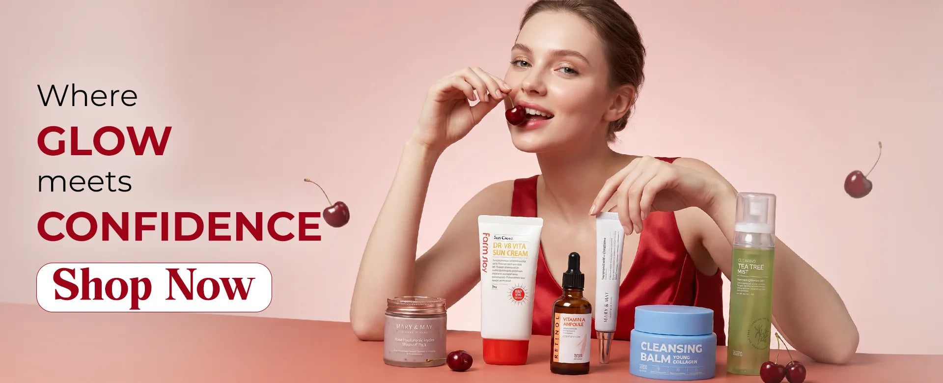 Woman with skincare products on a pink background with text about glow and confidence.